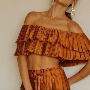 Rust Satin Plissé Off-Shoulder Ruffle Crop Top